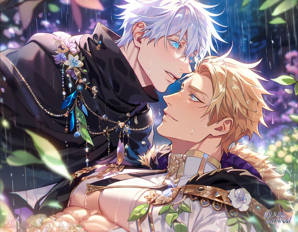 absurdres, highres, ultra detailed, HDR, master piece, best quality, extremely detailed, detailed eyes, Gojou Satoru, white hair, expressive blue eyes, white eyelashes, Jujutsu Kaisen, Quincy, blonde hair, expressive amber eyes, Nu Carnival, two sexy men together, yaoi, gay couple, handsome, fantasy, accessories, black cape with fur, showing the chest, fantasy clothes, spring, flowers, green leaves, magical forest, dark fantasy, rain, night