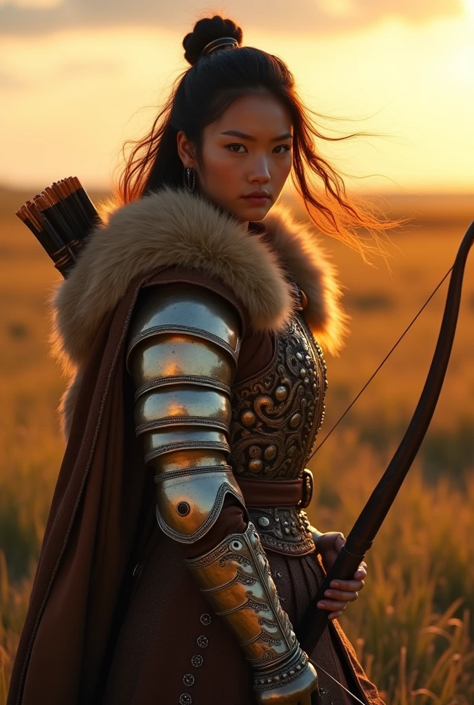 A sexy ((Mongolian)) steppe warrior girl, intricate detailed armor, ((fur cloak)), beautiful detailed asian eyes, beautiful detailed lips, extremely detailed face and skin, flowing wavy hair, strong powerful posture, holding a traditional Mongolian recurve bow, vast grassy steppe landscape background, golden hour lighting, dramatic lighting, vibrant colors, cinematic composition, photorealistic, (best quality,8k,highres,masterpiece:1.2),ultra-detailed,(realistic,photorealistic,photo-realistic:1.37),cinematic,dramatic,concept art style