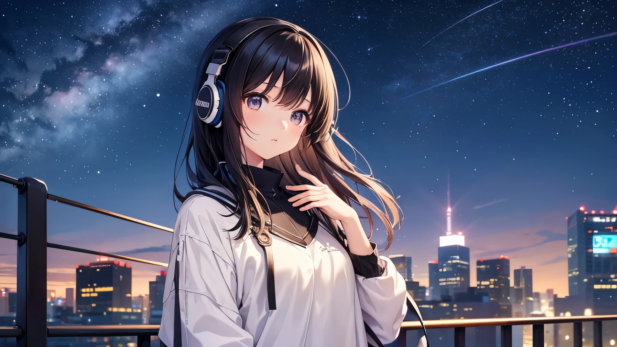 Observe the constellations。A young girl with black hair wearing stylish clothes and headphones labeled "lo-fi" The girl is shown in profile, gazing into the distance with a calm, relaxed expression Background depicts the iconic scenery of Namba, Osaka at night, without any text on signs A starry night sky adding to the peaceful atmosphere Overall mood is quiet and serene, perfect for lo-fi music Detailed hair rendering and careful attention to the girl's fashionable outfit The entire scene should evoke a relaxing, introspective feeling associated with lo-fi music
