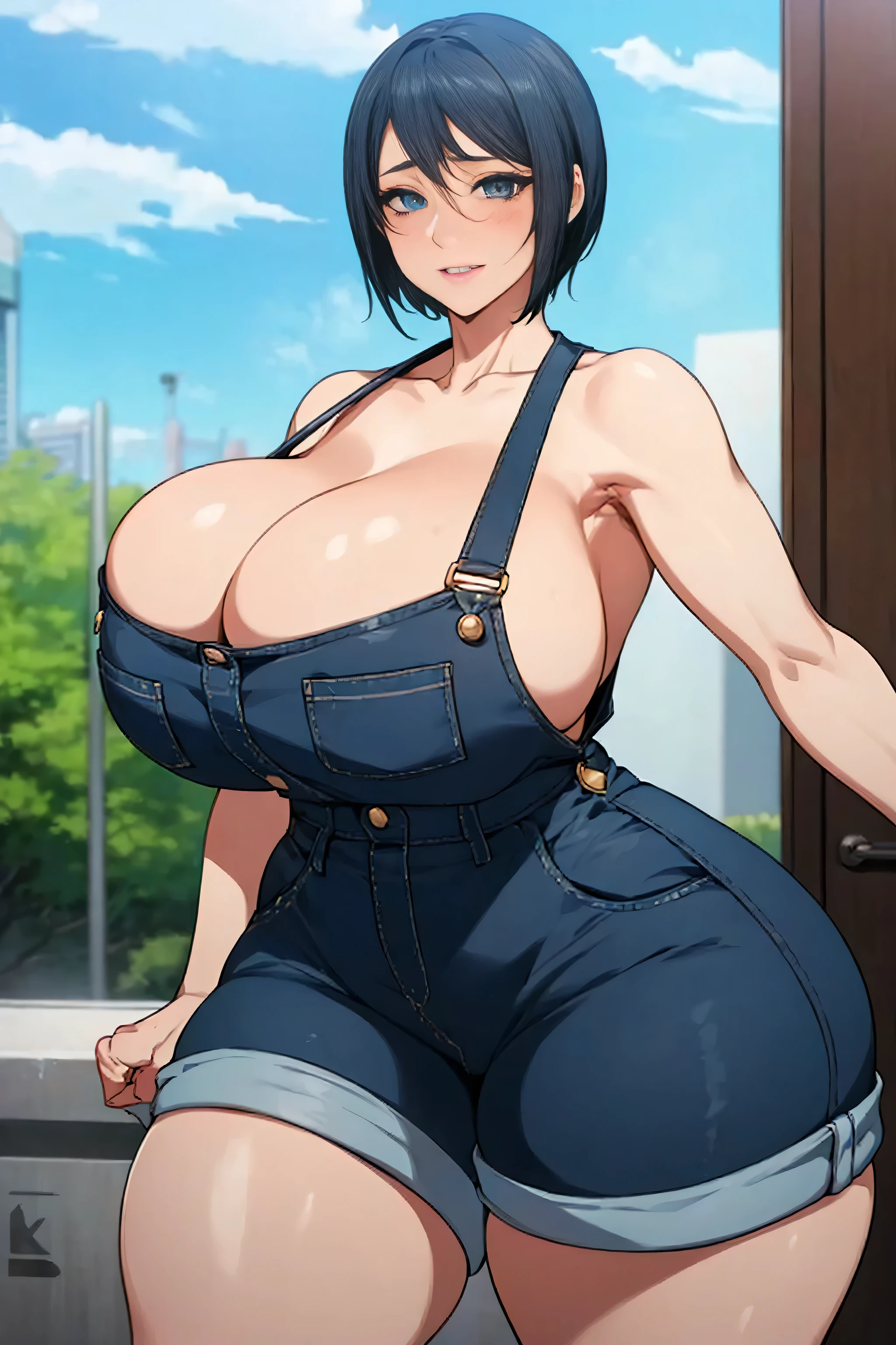 (art: 1.2), (best quality: 1.2) 1 woman, , tall (1.85 cm), extremely detailed eyes, perfect eyes, extremely realistic eyes, well-aligned eyes, long eyelashes, anime style, perfect face, mature full lips, smiling, mature, fair natural body , SEXY BODY, mature y, perfect detailed hands, hands well proportioned to the body, thick thighs, wide hips, looking at the viewer, posing alone Looking at the viewer, a close up of a woman in a short denim dress, sfw huge breasts, big breasts!!, bigs!, with asts, (sfw) saf with large breasts, sfw veultra high resolution, Mature Female, MILessional, vivid colors, perfect anatomy, ideaal features, idy proportioned figure, perfectly beautiful body, super detailed skin, glossy skin, glistening skin, Glamor, soft and curvy, body conscious, collarbone, cleavage, blushing