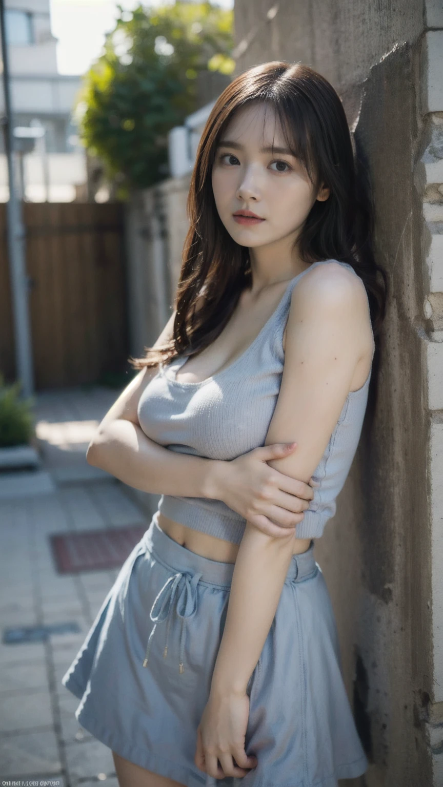 ((1girl)), woman, masterpiece, best quality, highest quality, cinematic lighting, (volumetric lighting), extremely detailed CG unity 8k wallpaper, focused, 8k wallpaper, extremely detailed, ultra realistic, photorealistic, sharp focus, absurdres, (HDR:1.2), (high contrast), photograph, detailed and intricate, instagram, portrait, highly detailed, digital painting, artstation, concept art, smooth, sharp focus, illustration, cinematic lighting, (big breast:1.3), (((skinny, slim legs))), (japanese idol posture), (knit tanktop, mini skirt, open shoulder, open chest, cleavage), looking at the viewer, ((indian pose)), ((Medium body shot, hip level shot)), long hair, ((leaning on a wall)), beautiful eyes.