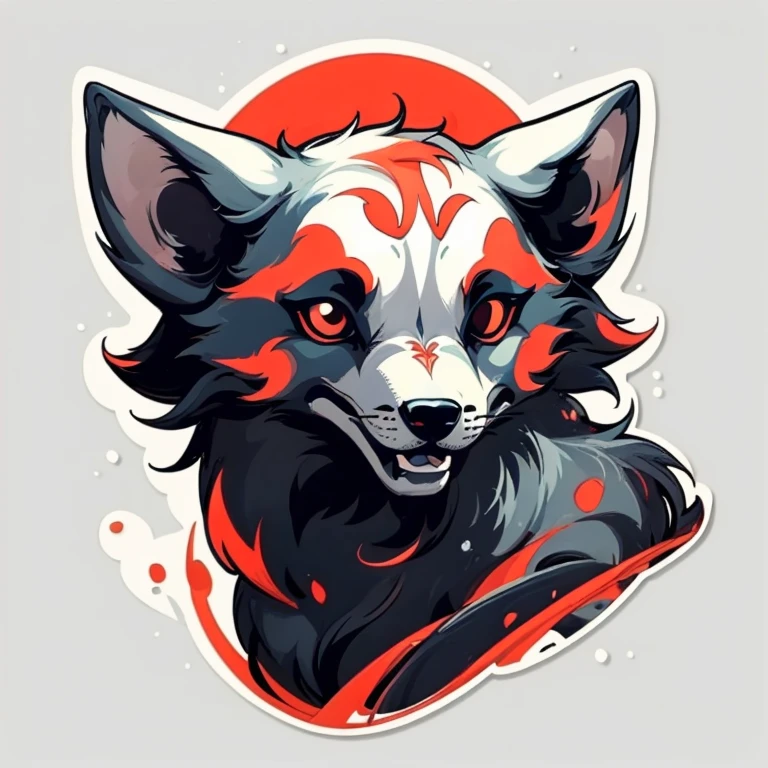 (best quality, masterpiece:1.2), beautiful, detailed wolf portrait, simple background, black and red color scheme, stickers