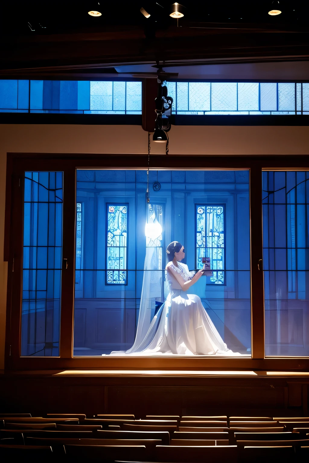 A glass window slowly rises in the center of the stage,A dignified and pure beauty sits in the window