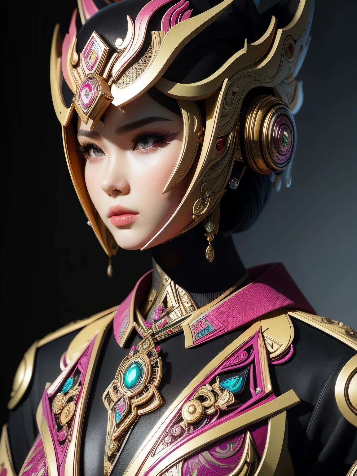 An Indonesian-styled futuristic suit worn by a girl depicting cultural fusion and modern fashion. The suit is adorned with intricate patterns and vibrant colors, showcasing the rich heritage of Indonesia. The girl stands confidently in a dynamic pose, with her detailed eyes reflecting determination and curiosity. The suit's material is a combination of traditional textiles and futuristic synthetic fabrics, giving it a unique and avant-garde appearance. The overall image quality is of the highest standard, with sharp focus and ultra-detailed rendering. The artwork employs physically-based rendering techniques, resulting in realistic lighting and shadows. The colors are vivid and vibrant, capturing the essence of Indonesian cultural aesthetics. The background features a fusion of modern architecture and traditional elements, creating a harmonious blend of the past and the future. The prompt explores the intersection of Indonesian culture, futuristic design, and the artistic representation of a confident girl