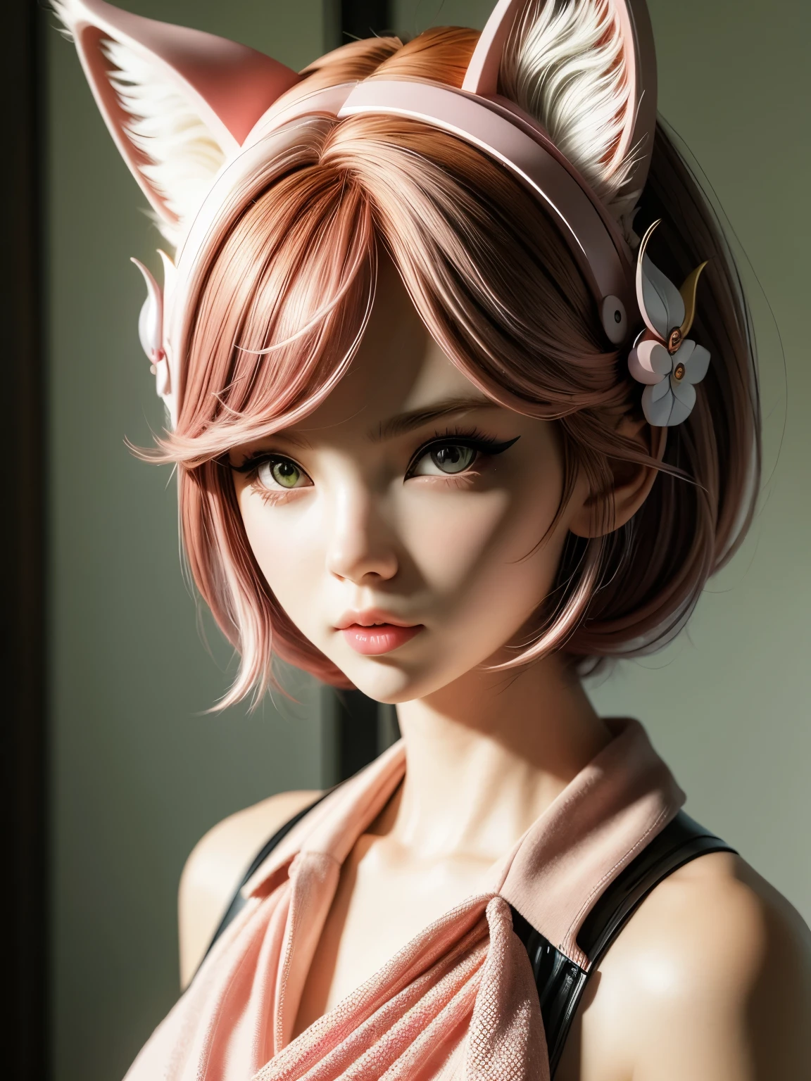 (high quality), (masterpiece), (detailed), 8K, Hyper-realistic portrait of (Japanese girl1.2) wearing (cat attire1.2), showcasing intricate (feline-inspired accessories1.2) and (vibrant pink hair1.2). Her (bright brown eyes1.2) sparkle with (mischief1.2) as she gazes directly at the viewer, her (smooth skin1.2) illuminated by (soft, natural light1.2). Trending on DeviantArt.