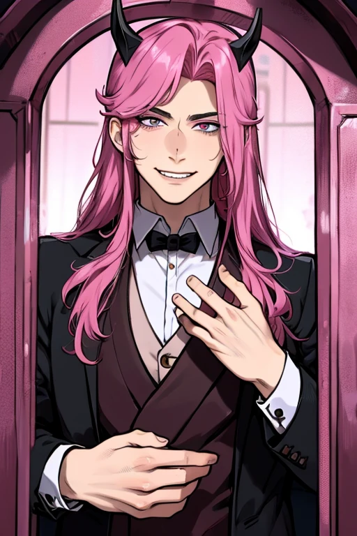 Perfect face. Perfect hands. A pink haired man with violet eyes and long hair is exploring a mausoleum in a fancy suit with a big smile