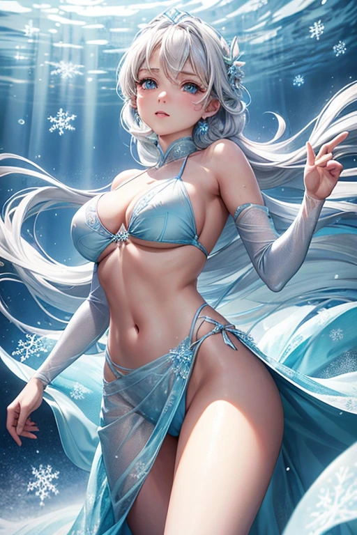 Dress Style:
Elsa is wearing a sleek, ice-blue top that is both elegant and slightly daring. The bikini is form-fitting and showcasing her slender silhouette.
Fabric and Texture:
The gown is made of a shimmery, semi-transparent fabric that flows gracefully as she moves. The material has a soft, ethereal glow, reminiscent of freshly fallen snow. It’s slightly sheer in certain areas, adding a subtle, sensual element to the look.
Back Design:
The back of the bikini is open, with intricate, snowflake-shaped pattern printed on it.
