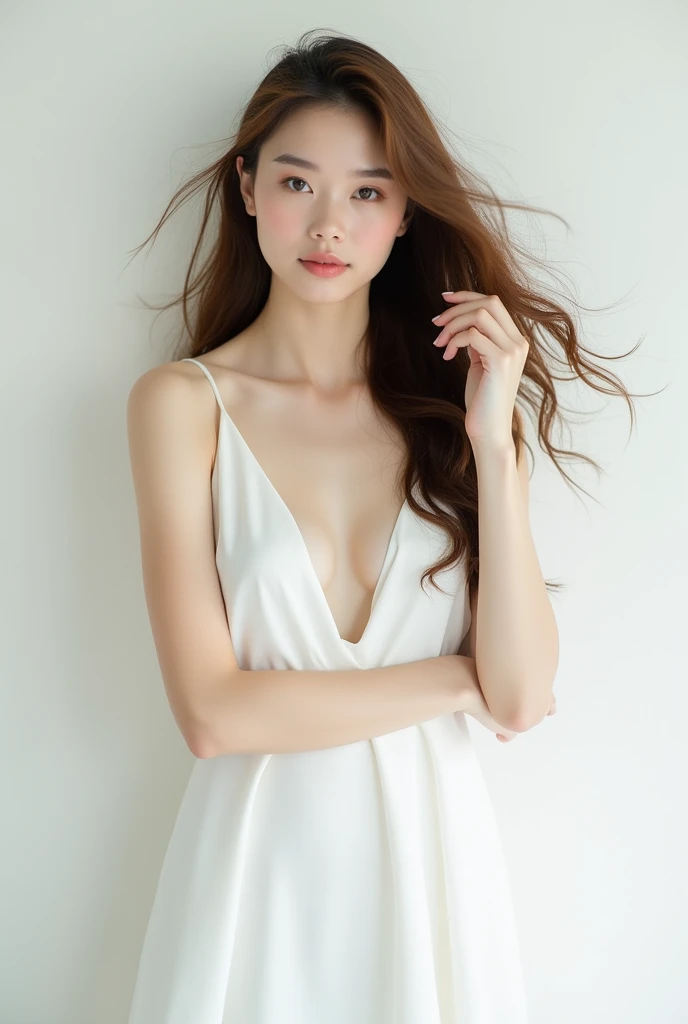 A 30-year-old woman standing against a white wall,Long Hair,Fluttering Hair,White Dress,White skin,Double Eyes,Natural Makeup