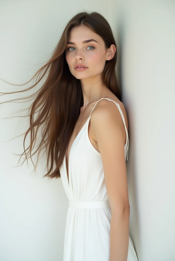 A 30-year-old woman standing against a white wall,Long Hair,Fluttering Hair,White Dress,White skin,Double Eyes,Natural Makeup