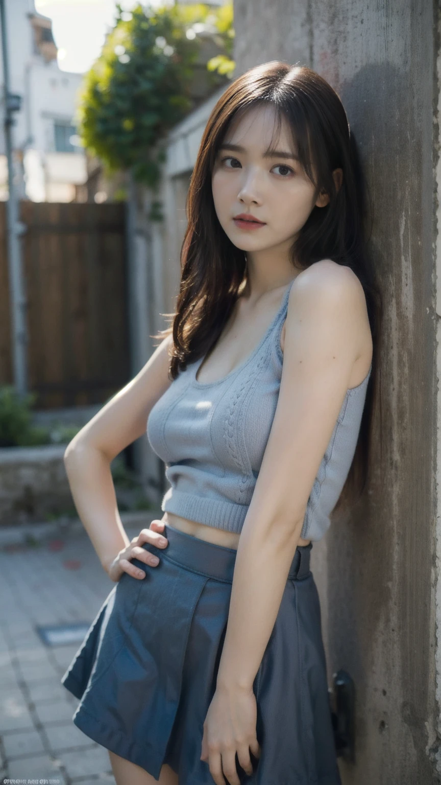 ((1girl)), woman, masterpiece, best quality, highest quality, cinematic lighting, (volumetric lighting), extremely detailed CG unity 8k wallpaper, focused, 8k wallpaper, extremely detailed, ultra realistic, photorealistic, sharp focus, absurdres, (HDR:1.2), (high contrast), photograph, detailed and intricate, instagram, portrait, highly detailed, digital painting, artstation, concept art, smooth, sharp focus, illustration, cinematic lighting, (big breast), (((skinny, slim legs))), (japanese idol posture), (knit strap tanktop, mini skirt, open shoulder, open chest, cleavage), looking at the viewer, ((indian pose)), ((Medium body shot, hip level shot)), long hair, ((leaning on a wall)), beautiful eyes.