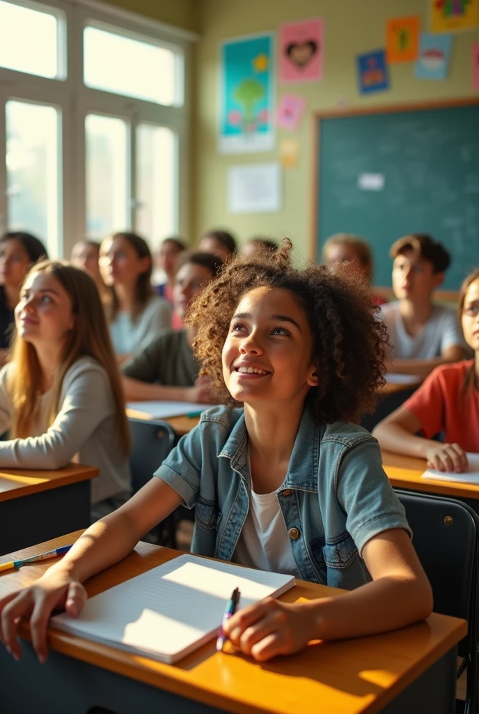 Imagine a classroom filled with teenagers sitting at their desks.. Each one is turning their head backwards, It's as if they are looking at something happening behind them.. The room is well-lit., Large windows let in lots of natural light,. The walls are decorated with educational posters and a blackboard at the front.. The students are wearing casual clothes., and their expressions range from curiosity to surprise.. Some desks have school supplies scattered on them., which adds a touch of realism and dynamism to the scene..