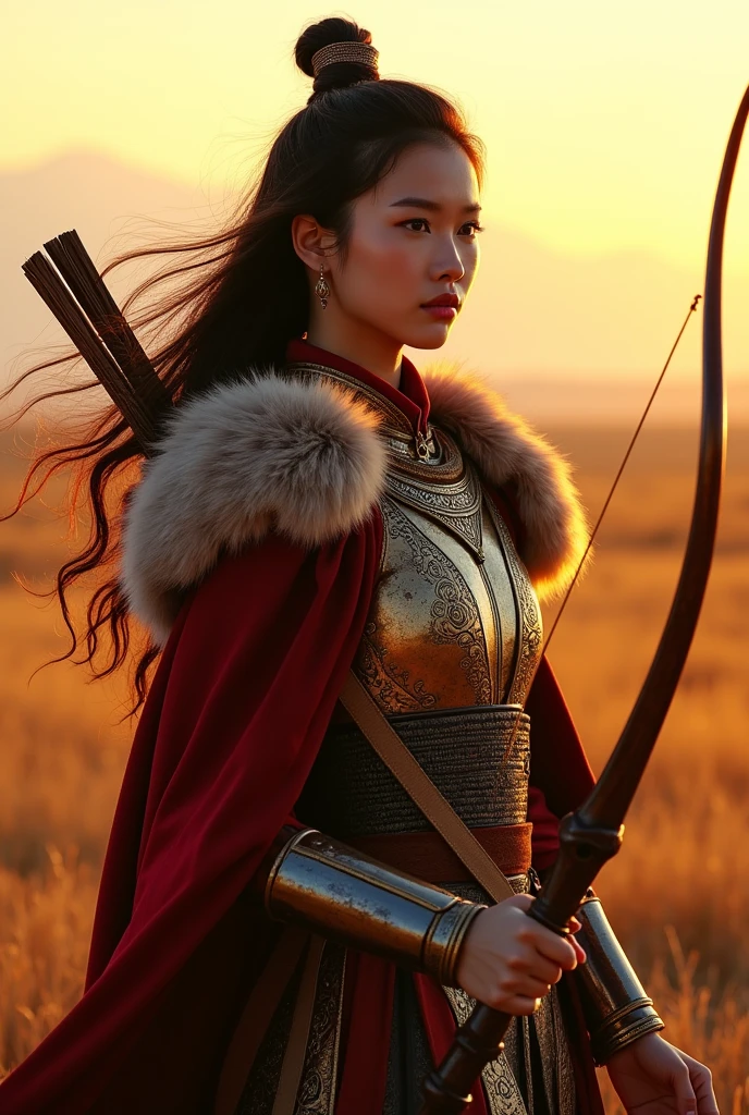 A sexy ((Mongolian)) steppe warrior girl, intricate detailed armor, ((fur cloak)), beautiful detailed asian eyes, beautiful detailed lips, extremely detailed face and skin, flowing wavy hair, strong powerful posture, holding a traditional Mongolian recurve bow, vast grassy steppe landscape background, golden hour lighting, dramatic lighting, vibrant colors, cinematic composition, photorealistic, (best quality,8k,highres,masterpiece:1.2),ultra-detailed,(realistic,photorealistic,photo-realistic:1.37),cinematic,dramatic,concept art style