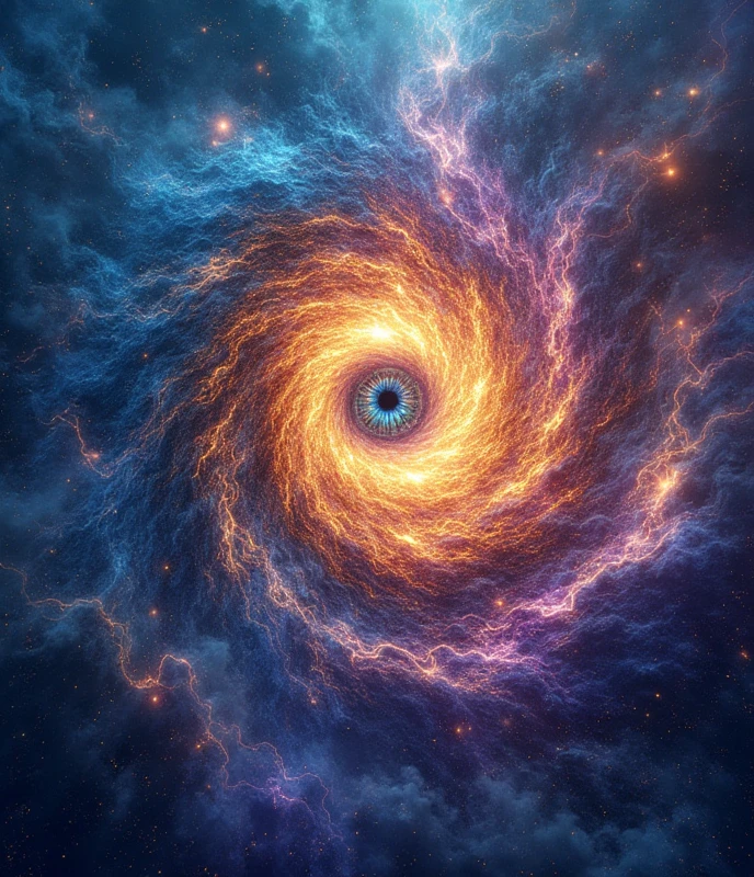 (The eye that sees the truth:1.4), an abstract representation of an all-seeing eye, pulsating with energy, (the eye is the focal point, surrounded by swirling patterns and shapes that symbolize layers of reality being peeled away:1.2), (vivid and intense colors—deep blues, purples, and radiant golds—converging towards the eye, creating a sense of depth and perspective:1.2), (fractal designs and geometric shapes radiating outward from the eye, representing the complexity and interconnectedness of truth:1.2), (ethereal light beams, resembling rays of enlightenment, breaking through dark, chaotic clouds, as if revealing hidden truths:1.2), (a harmonious blend of sharp lines and soft curves, conveying both clarity and the mysterious nature of truth:1.2), (perfect image quality:1.4), (dynamic composition with a sense of movement and revelation:1.2), (an artistic representation that evokes introspection, curiosity, and the pursuit of knowledge:1.2), (highly detailed textures with intricate layers:1.2), (a background of abstract, swirling colors and forms, giving the sense of the universe unfolding around the eye:1.2)