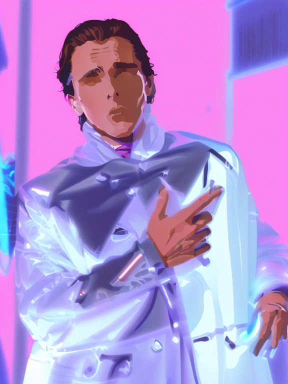 t-shirt designer, stylized modern vector art, (white background), design,there is a man in a raincoat pointing at something, Patrick Bateman), Patrick Bateman, in American Psycho (1 9 9 9), in American Psycho (1999), , , technological cloak, wearing a nanotech honeycomb cloak, throw away.(Christian Bale)