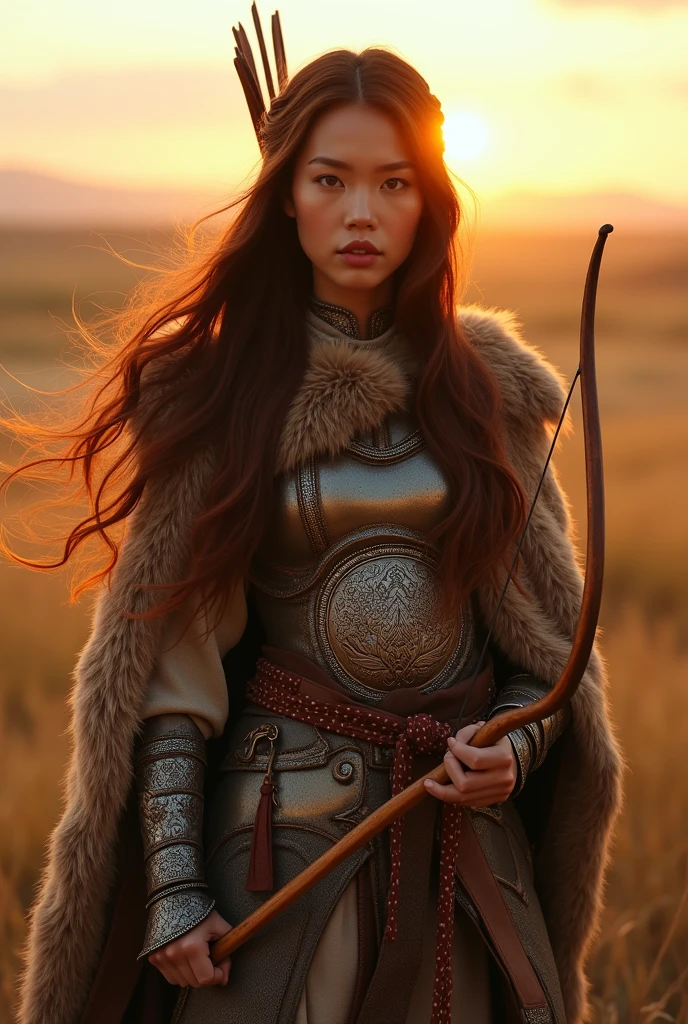 A sexy Mongolian steppe warrior girl, intricate detailed armor, fur cloak, beautiful detailed eyes, beautiful detailed lips, extremely detailed face and skin, flowing wavy hair, strong powerful posture, holding a traditional Mongolian recurve bow, vast grassy steppe landscape background, golden hour lighting, dramatic lighting, vibrant colors, cinematic composition, photorealistic, (best quality,8k,highres,masterpiece:1.2),ultra-detailed,(realistic,photorealistic,photo-realistic:1.37),cinematic,dramatic,concept art style