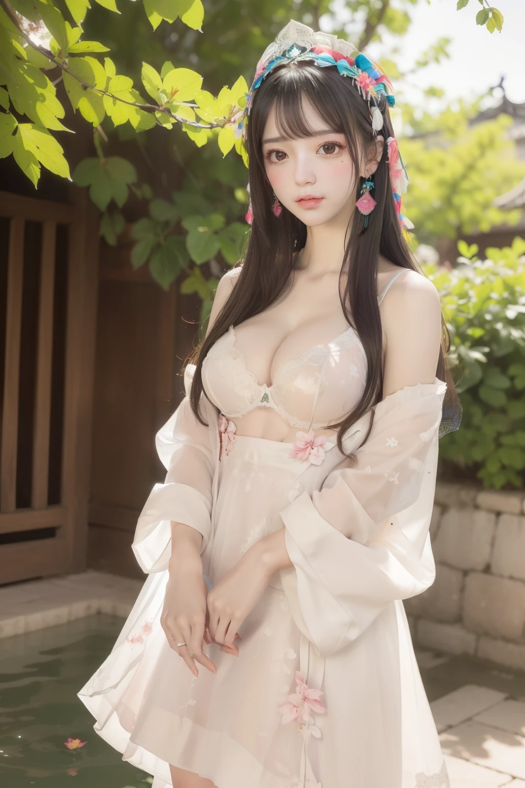 small  ，,p(8k, RAW photo:1.2), best quality, ultra high res,dramatic angle,(fluttered detailed color splashs), (illustration),(((1 girl))),(long hair),(rain:0.9), (Headdress:1.4),There is an ancient palace beside the girl,Hanfu,(Key Points),Color ink painting,(Splash of Color),Splash of Color,(((colorful))),(sketch:0.8) , Masterpiece, best quality, beautiful painted, highly detailed,(denoising:0.6),[splash ink],((ink refraction)), (beautiful detailed sky),moon,highly,detaild,(masterpiece, best quality, extremely detailed） CG Unity 8k Wallpaper，masterpiece，best quality，Ultra Detailed），（Lycoris）. hanfu open v open V-chested clothes Thin silk lace dress , (huge ，cleavage),, white pink and gren，best qualtiy，tmasterpiece，Ultra-high resolution，（Reality：1.4），RAW photogr，（True skin texture：1.3），（filmgrain：1.3），（Selfie angle），1个Giant Breast Girl，Beautiful eye and face details，tmasterpiece，Best quality at best，，The chest more exposed， detailed hair, bra purple and green , detail 8k, upper body, lace petticoat, above looking up facing at camera( blush、Inject an aphrodisiac、Estrus、Feeling embarrassed)