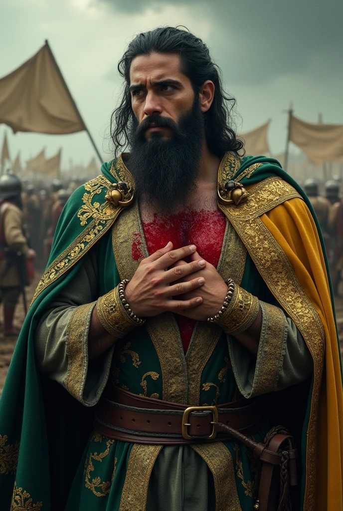 A Muslim king with no moustache with long beards got arrow in his chest and their is blood everywhere