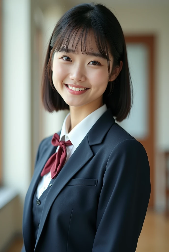 Japanese、beautiful girl、uniform、A kind smile、super high quality, 8K quality、Background Blur, gravure、 masterpiece, Highest quality, Very detailed, Realistic, ultra high density skin, Perfect Anatomy,