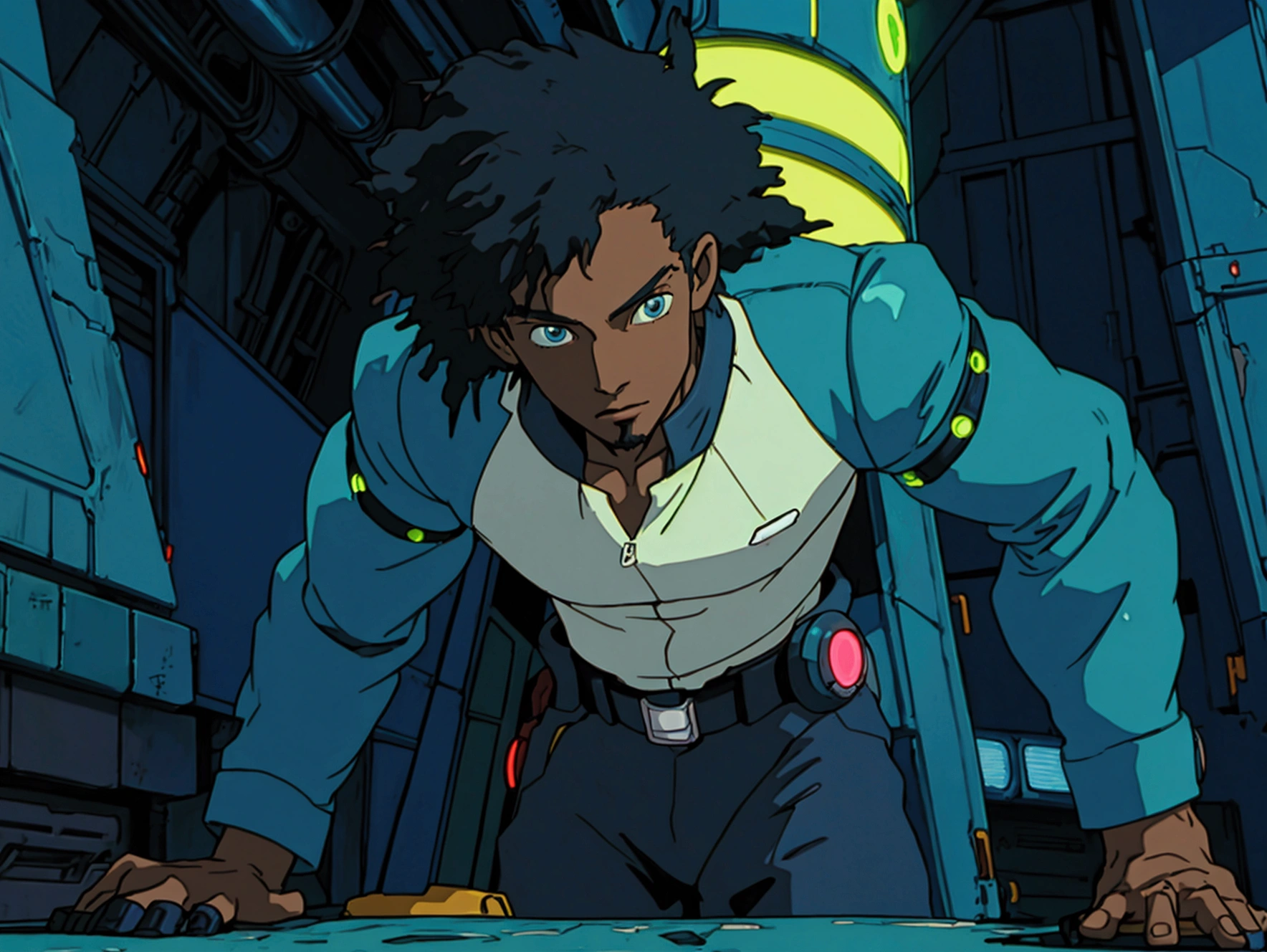 cowboy bebop animation, black male character, 30, Rastafarian, blue lighting, setting is a detailed neon nightclub, futuristic
