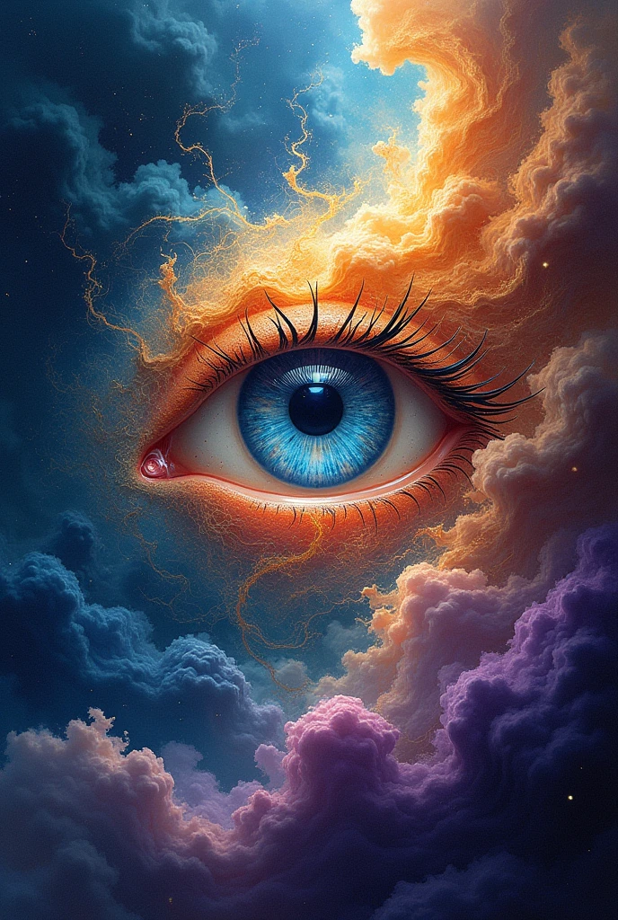 (The eye that sees the truth:1.4), an abstract representation of an all-seeing eye, pulsating with energy, (the eye is the focal point, surrounded by swirling patterns and shapes that symbolize layers of reality being peeled away:1.2), (vivid and intense colors—deep blues, purples, and radiant golds—converging towards the eye, creating a sense of depth and perspective:1.2), (fractal designs and geometric shapes radiating outward from the eye, representing the complexity and interconnectedness of truth:1.2), (ethereal light beams, resembling rays of enlightenment, breaking through dark, chaotic clouds, as if revealing hidden truths:1.2), (a harmonious blend of sharp lines and soft curves, conveying both clarity and the mysterious nature of truth:1.2), (perfect image quality:1.4), (dynamic composition with a sense of movement and revelation:1.2), (an artistic representation that evokes introspection, curiosity, and the pursuit of knowledge:1.2), (highly detailed textures with intricate layers:1.2), (a background of abstract, swirling colors and forms, giving the sense of the universe unfolding around the eye:1.2)