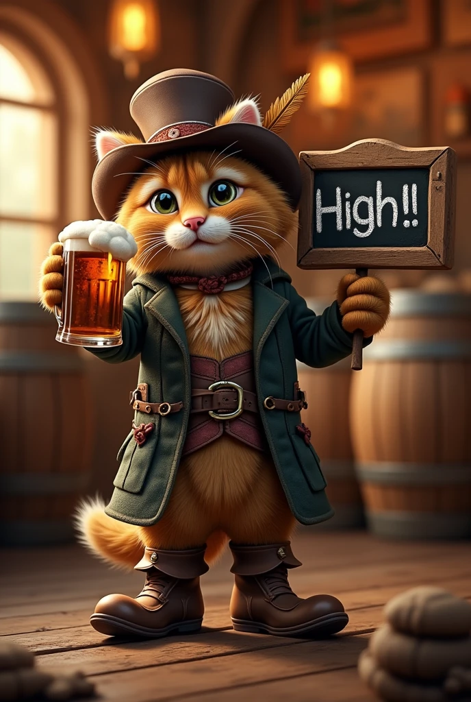 A puss in boots holding a beer in right hand and a board written "High !!" in left hand
