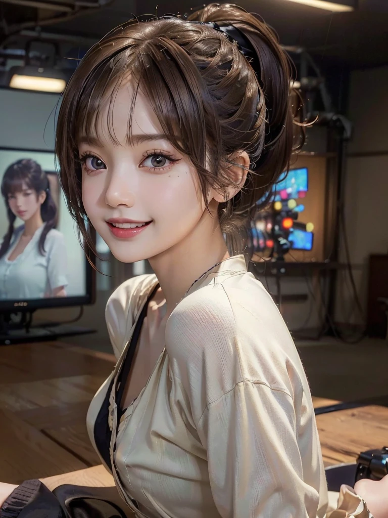 (8k, RAW Photos, Highest quality, masterpiece:1.2), (Realistic, photo-Realistic:1.4), (extremely detailed 8k wallpaper), ((Full Body Shot)), (((1 girl))), Sharp focus, Cinema Lighting, Soft Light, (Delicate and beautiful eyes, Very beautiful 25 year old girl, innocent big 目s, photo Realistic, Very detailed cute, (Model body type), Background television station、Television Studio、The audience is watching、announcer、shirt、blouse、Jacket、Office Casual、skirt、pumps、Weather girl、(Brown Hair), (ponytail), (Asymmetrical bangs), ((smile)), Glowing Skin, Ultra-Dense Skin 、Facial beauty with attention to detail, Side Shot、Sparkle Effect,