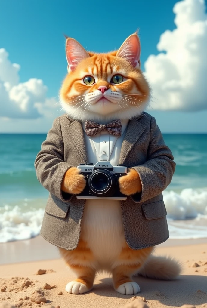 ((masterpiece,best quality, detailed)), Cat，Fat cat，Dwarf cat，full-body shot，Realism，Hold the camera，Suit，bow tie，Cat摄影师，At the beach，at the seaside，White clouds