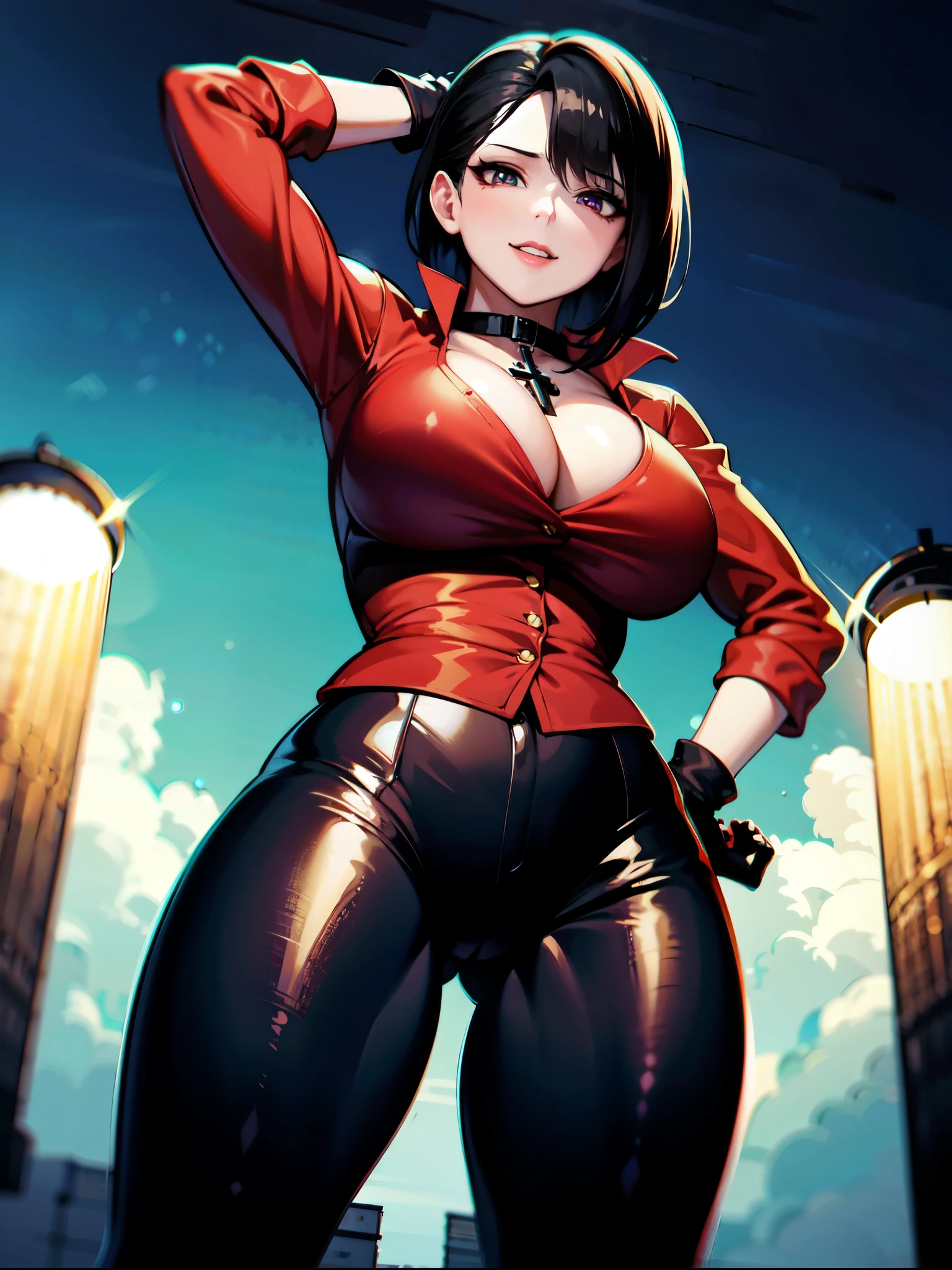 （（super high quality,Ultra-high resolution,4K,8k,super masterpiece,Ultra HD））Night view at night,Looking up from below, （（A sexy mature woman,））,（（popped collar Red shirts,（Sleeves folded back to the elbow,（Long black gloves））,Black pants with a glossy finish,Black long boots）,Tight collar,）Black hair straight short,Sharp Eyes,Open chest,Cleavage,slouch,Place one hand on hip,Put one hand on your head,Provocative smile,Necklace with a cross,sexy,