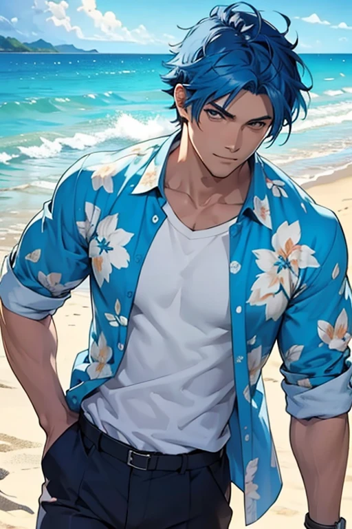 anime style,masterpiece,best quality,super detailed,super fine illustration,male,blue hair,Short Hair,sharp eyes,Hawaiian Shirt,white T shirts,half pants,BREAK beach,blue sky,beautiful background,detailed background,