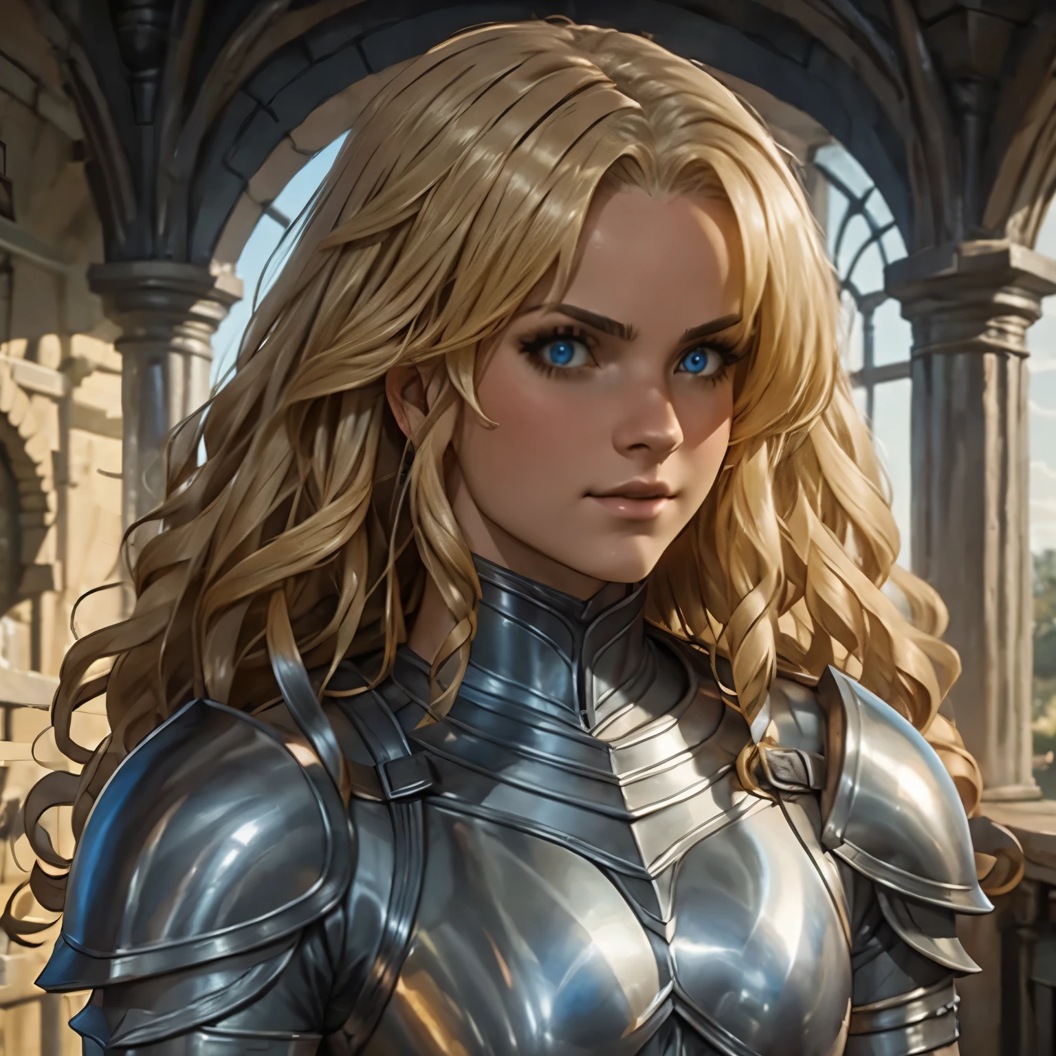 1 girl, sexly, photo portrait, Athletic, Black steel medieval armor, vibrant curly blonde hair, very detailed and busy medieval training room, volumetric lighting, best qualityer, work of art, details Intricate, tone mapping, sharp focus, hyper detailled, trends on ArtStation, realisitic,