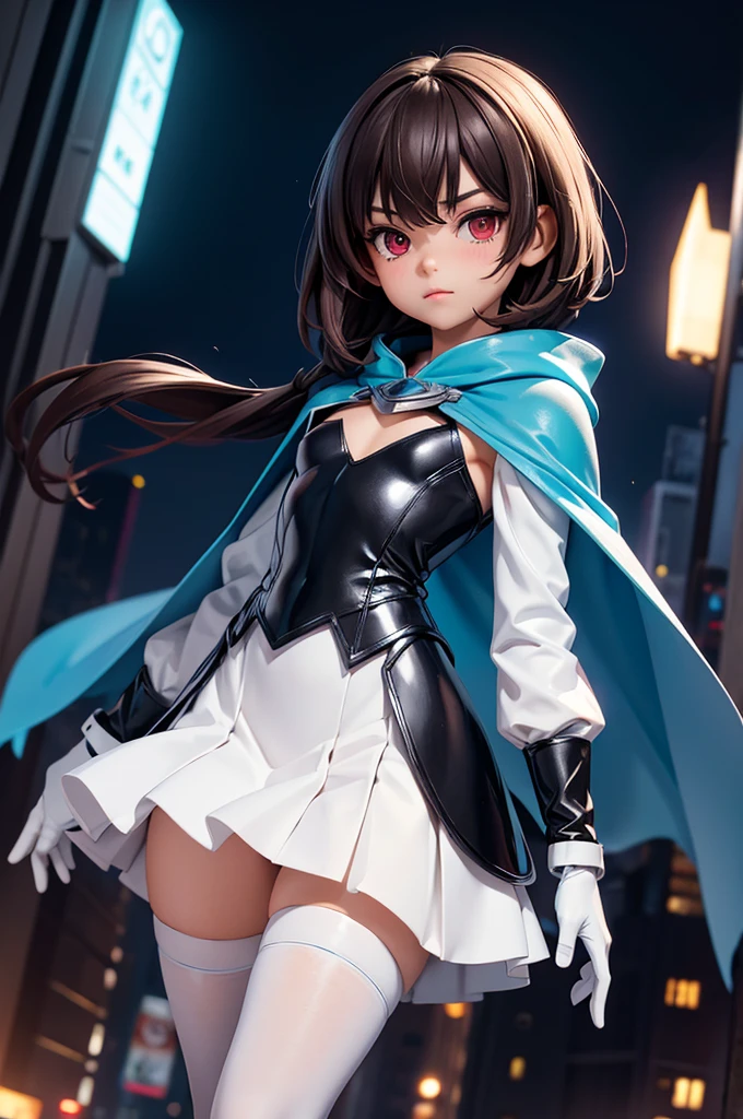 1boy, Femboy, superhero, crossdresser man, ager, in a uniform, white long sleeved shirt, long black skirt with a white stripe, with a blue cape, a blue glowing decal in the chest, black gloves and black boots, long technological red sword, brown skinned, red eyes, feminine shoulder length dark brown hair, wide hips, thick thighs , flat chest, narrow waist, walking down street a futuristic city at night ((only one character)), (((solo)))