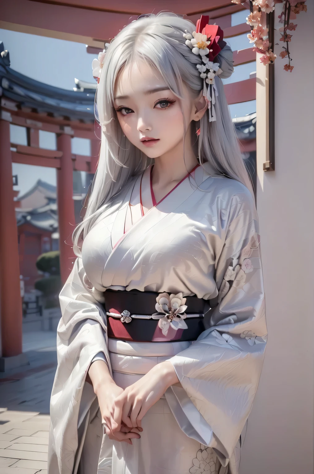 ((masterpiece:1.5,Highest quality,Beautiful images、Abstract、artistic、)(One person, solo)(large breasts, Silver Hair、Long Hair、kimono, japanese cloth,Flower pattern kimono、Black and red kimono)(Profile portrait,Look at me sideways、Look at an angle、shake your head、Sad look,)(Beautiful background)((from the front:1.3)).face, style