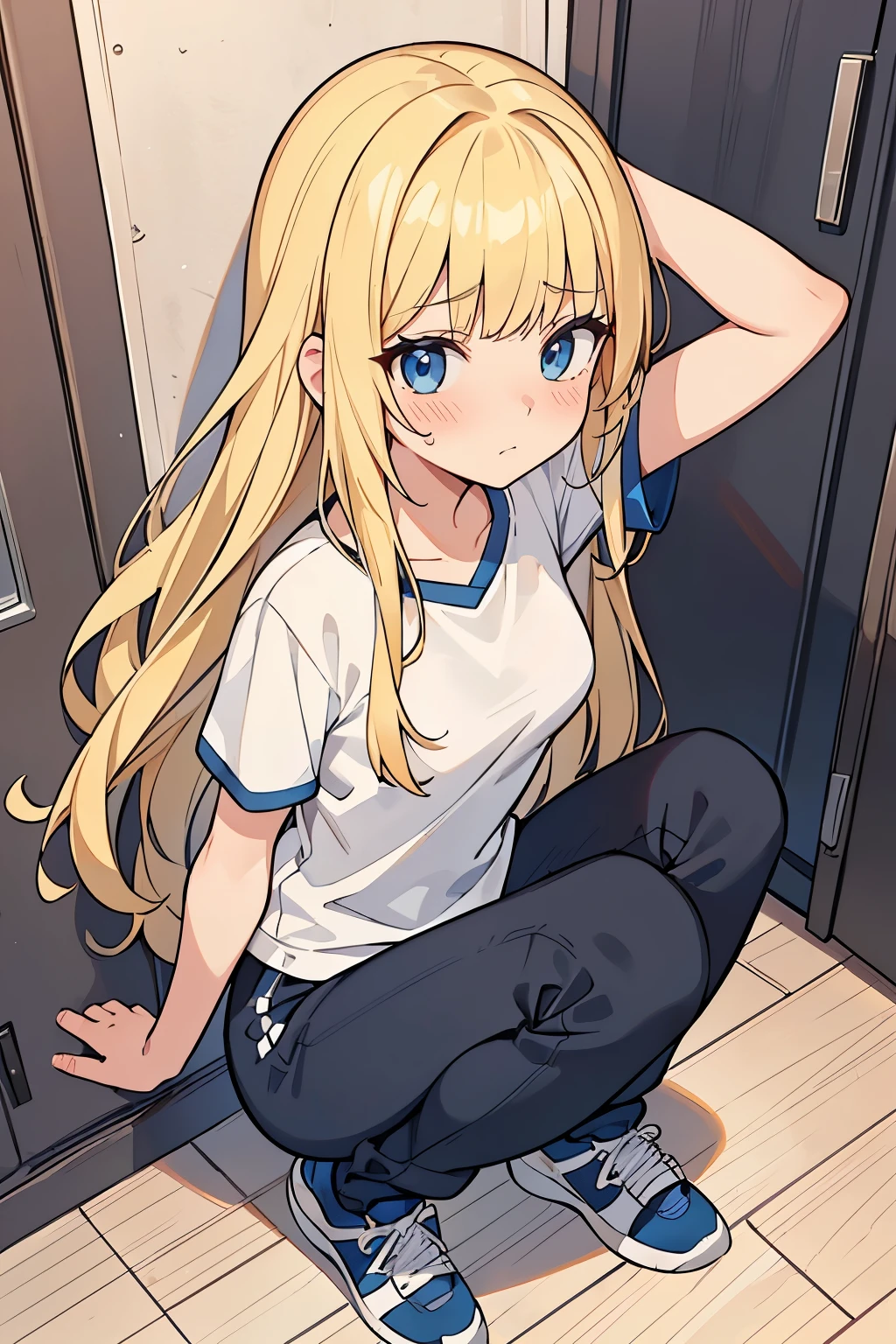 Young adult girl, best quality, 1 girl, female figure, yellow hair, blunt bangs, extra long hair, crystal blue eyes, golden blonde hair, cowboy shot, voluminous disheveled hair, wavy hair, cute girl, (medium small breasts), (young female body: 1.4) sitting knees up, embarrassed girl, looking from above, pressing legs together, humiliated expression , insecure, school locker room, school gym uniform, black long jogging pants, white tshirt, oversized white t shirt, sitting on the floor, back against wall, knees up, squatting, crouching down, blue trainer shoes, hugging knees, arms around legs, arms looping under neatch legs