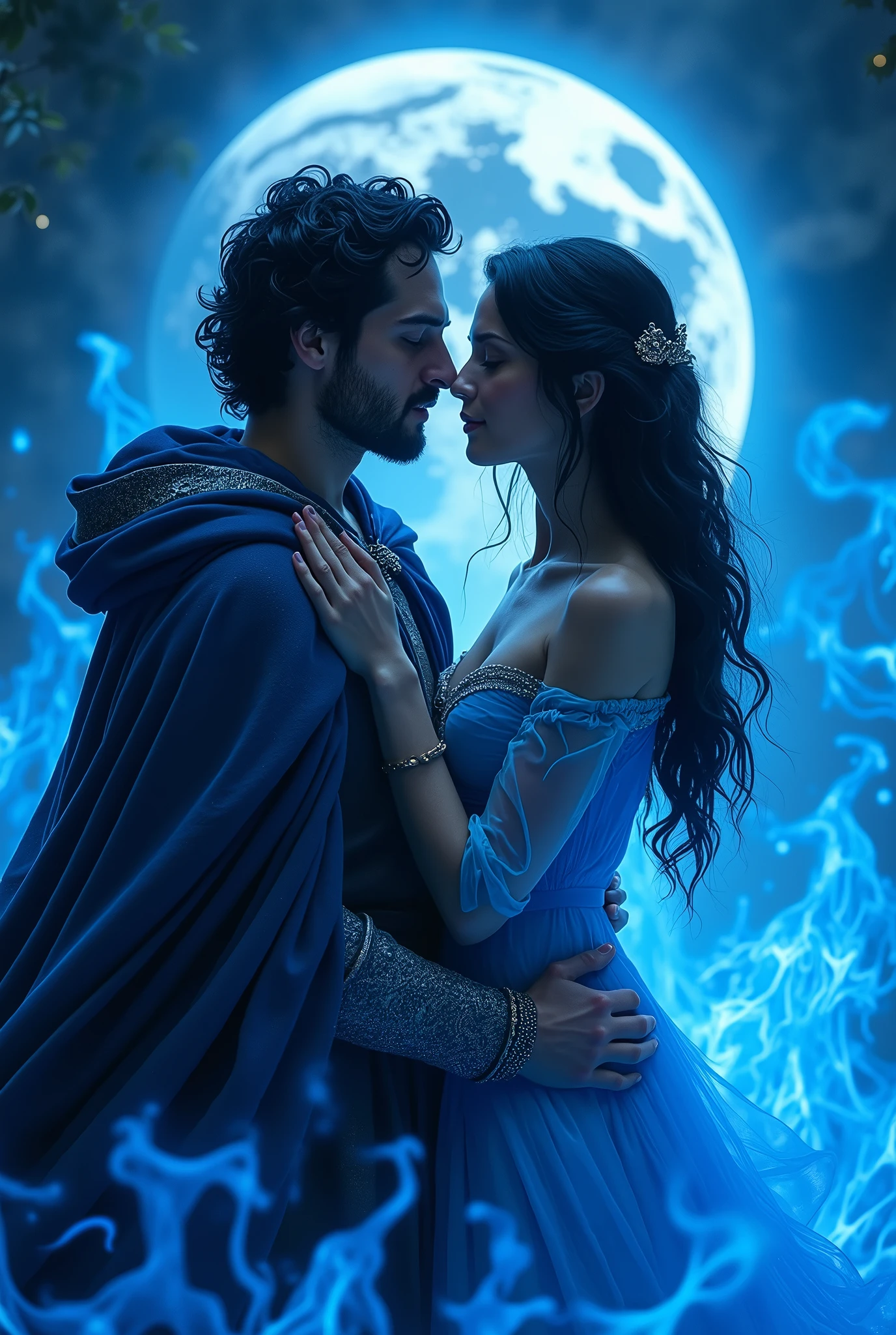 The image shows a couple engaged in a romantic and intimate embrace. They are dressed in medieval-style clothing, with shades of blue. The woman has long, black hair, caindo em ondas suaves sobre seus ombros, while the man has short, dark black wavy hair and wears a blue cape. 

They embrace tenderly, tilting their heads towards each other, almost touching their faces. The scene is engulfed in blue flames, that seems to wrap around the couple, giving a sense of protection or a mystical portal. No fundo, there is planet earth adding an ethereal and mysterious effect to the image. 

The expression on the characters' faces conveys a deep emotional connection, Suggesting love, trust and an unbreakable bond between them.