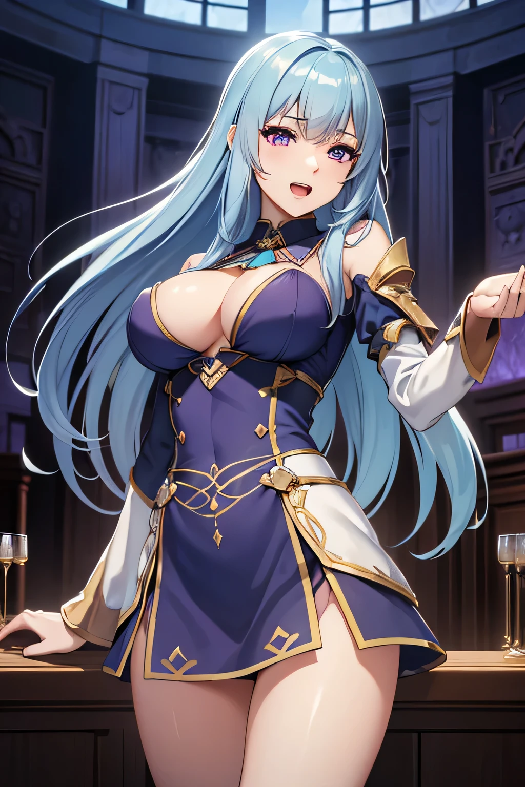 (highest quality:1.4),unreal engine,masterpiece,super resolution, very detailed, 1 woman,big breasts, waist, thin, open mouth,(muscular:0.8) ,(light blue long hair:1.1),aroused,purple eyes,contrapposto,in the King's Hall