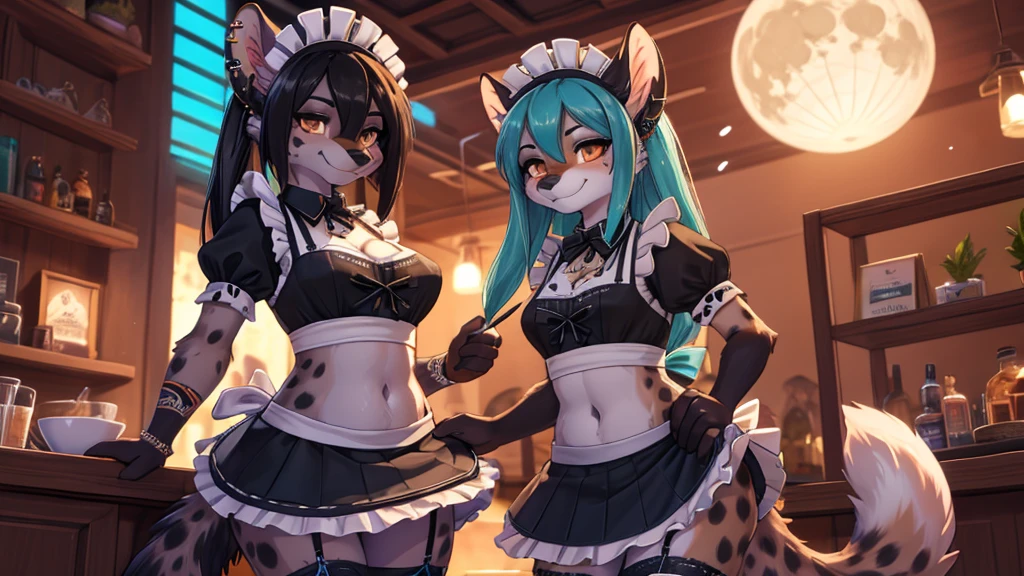 2 girls imagen, firts girl, Miku Hatsune, add high definition_detail:1, blue fur,kitsune ears, tribal tattoo add_detail:1, posing during a full moon showing off her beautiful figure and her outfit. (Maid lingerie, maid mini skirt)sweaty body add_details:1, smiling add_detailsl:1, ear piercing add_detail:1.  Second girl is a female anthro furry hyena girl, black hair, hyena spots, black hands and feet, brown eyes, high definition_detail:1, showing off her beautiful figure and her outfit. (Maid navel blouse, maid mini skirt)sweaty body add_details:1, smiling add_detailsl:1, ear piercing add_detail:1, beautiful and detaileds hands.  Both girls in a coffeshop 