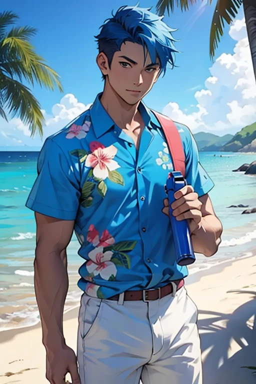 anime style,masterpiece,best quality,super detailed,super fine illustration,male,blue hair,Short Hair,sharp eyes,Hawaiian Shirt,white T shirts,half pants,BREAK beach,blue sky,beautiful background,detailed background,BREAK holding water gun,