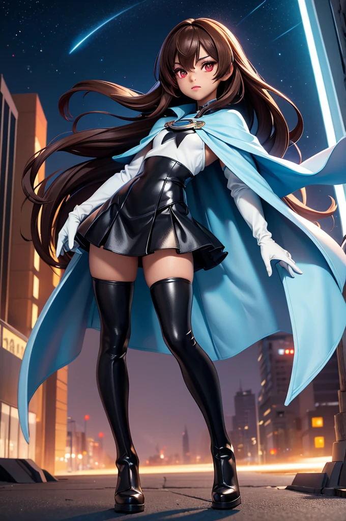 1boy, Femboy, superhero, crossdresser man, teenager, in a uniform, white long sleeved shirt, long black skirt with a white stripe, with a blue cape, a blue glowing decal in the chest, black gloves and black boots, long technological red sword, ((brown skinned)), red eyes, feminine shoulder length dark brown hair, wide hips, thick thighs , flat chest, narrow waist, walking down street a futuristic city at night ((only one character)), (((solo)))