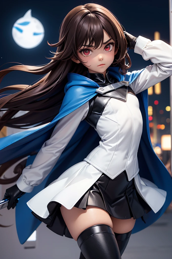 1boy, Femboy, superhero, crossdresser man, teenager, in a uniform, white long sleeved shirt, long black skirt with a white stripe, with a blue cape, a blue glowing decal in the chest, black gloves and black boots, long technological red sword, ((brown skinned)), red eyes, feminine shoulder length dark brown hair, wide hips, thick thighs , flat chest, narrow waist, walking down street a futuristic city at night ((only one character)), (((solo)))