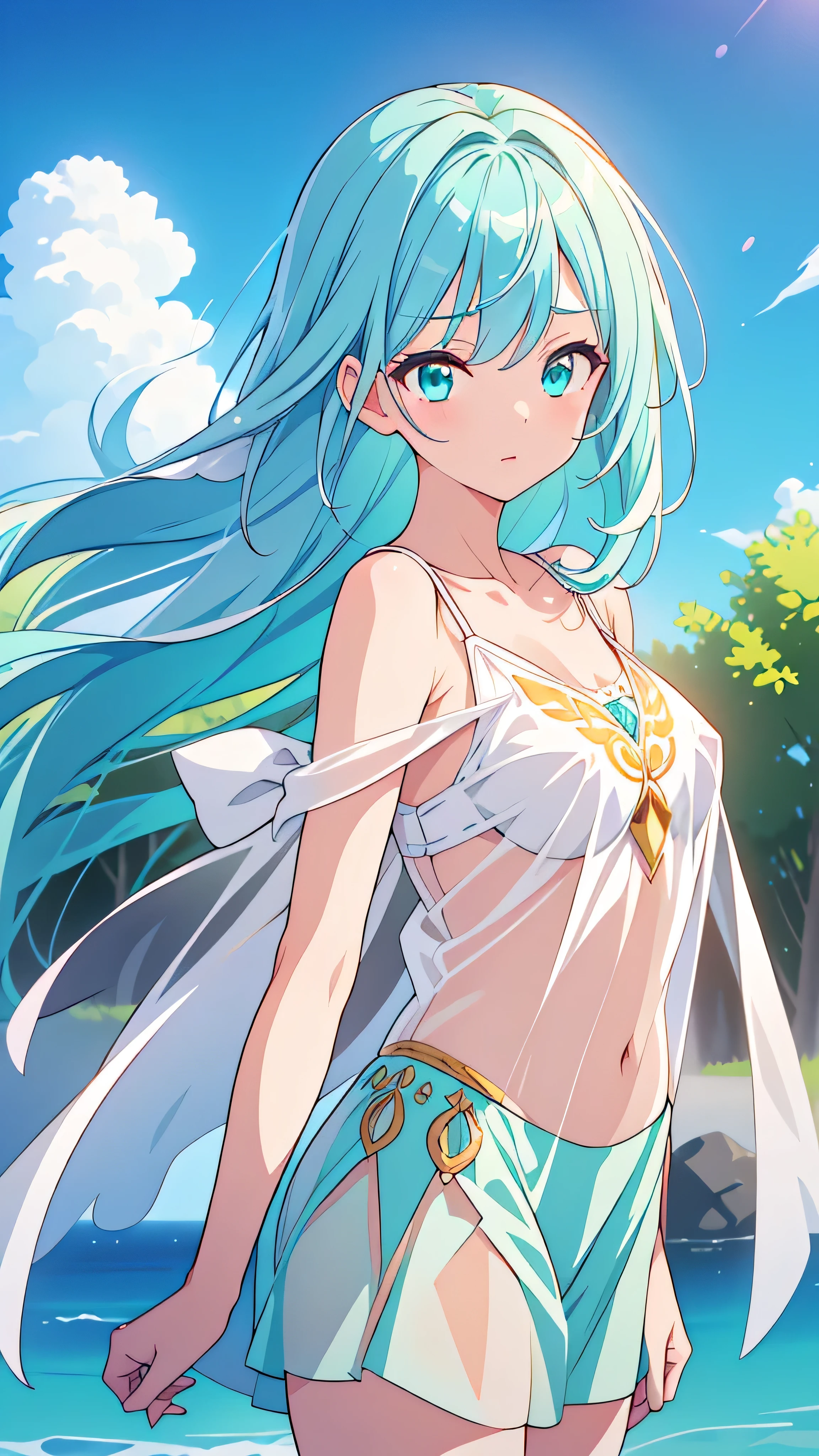 (Highest quality, 32K, High resolution, Masterpiece:1.5), A blonde-haired girl drawn in Japanese anime style, Expressing emotions, Have a rich imagination, Beautiful Japan, ((Low - Angle:1.4)), An exceptionally beautiful face, Small Face Beauty, Perfect Human Anatomy, Magical big eyes, Motherhood and generosity, Deep Love, Smile, ((Shiny turquoise hair:1.4)), Super long straight silk hair swaying in the wind, Asymmetrical bangs, Hair between the eyes, Transparent, soft white skin, Sharp eyebrows, Thin lashes, Natural Makeup, Cheek highlighter, Detailed lips, (White see-through camisole:1.4), High resolution perfect collarbone, High resolution beautiful bust, Slim figure with ample breasts, High resolutionの美しい太もも, ((Beautifully detailed skies:1.2))