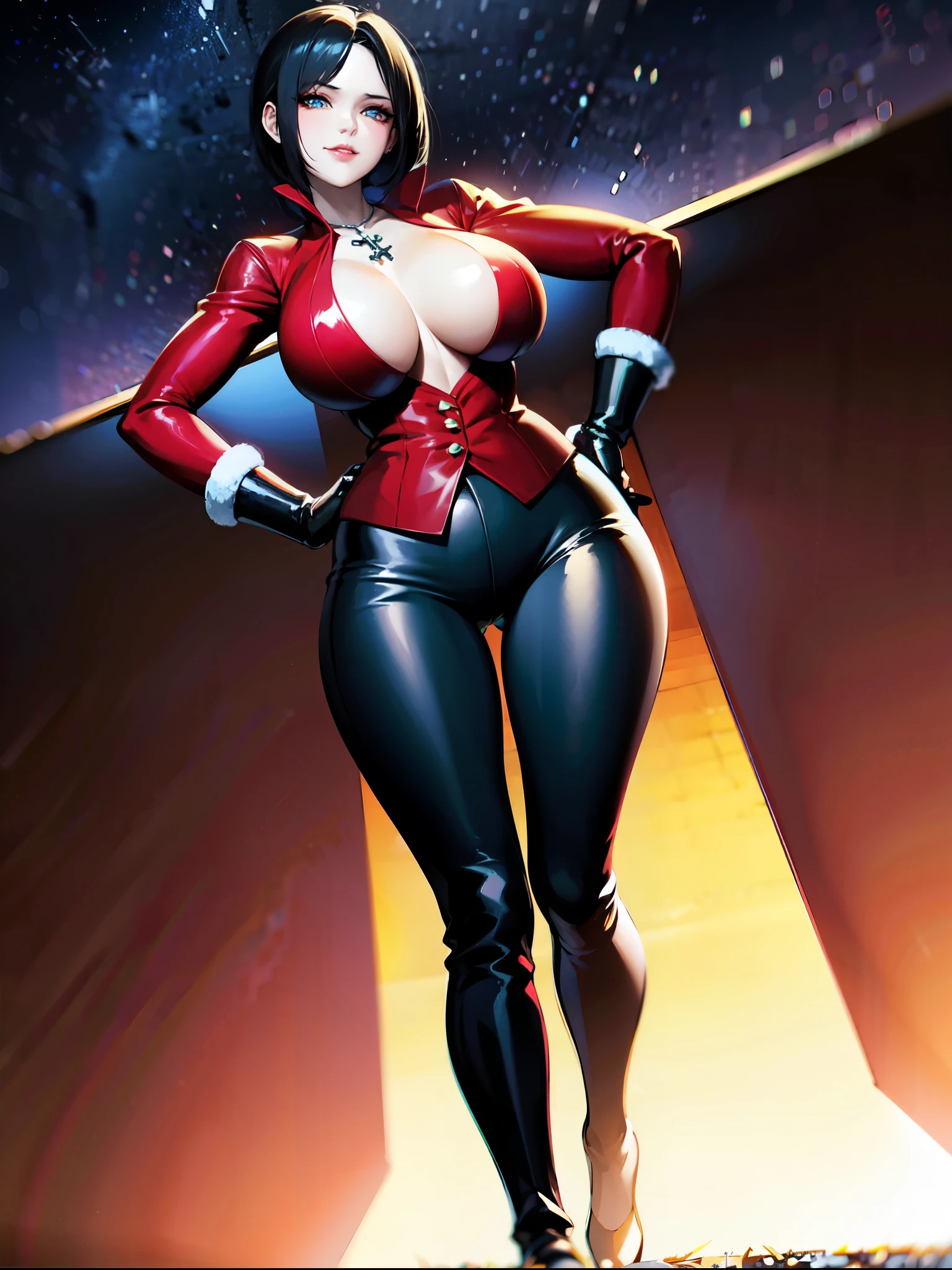 （（super high quality,Ultra-high resolution,4K,8k,super masterpiece,Ultra HD））Night view at night,Looking up from below, （（A sexy mature woman,））,（（popped collar Red shirts,（Sleeves folded back to the elbow,（Long black gloves））,Black pants with a glossy finish,Black long boots）,Tight collar,）Black hair straight short,Sharp Eyes,Open chest,Cleavage,slouch,Place one hand on hip,Put one hand on your head,Provocative smile,Necklace with a cross,sexy,