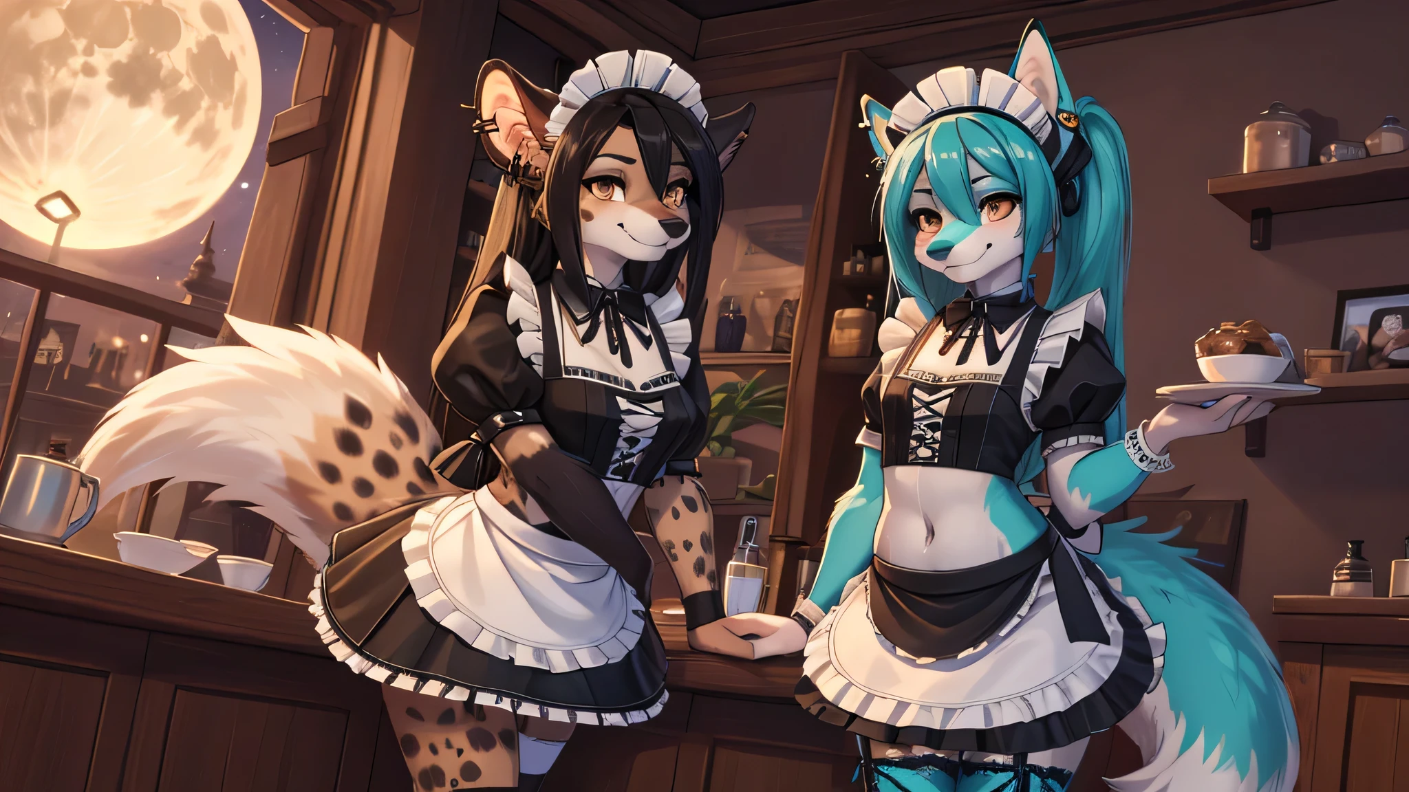 2 girls imagen, firts girl, Miku Hatsune, add high definition_detail:1, blue fur,kitsune ears, tribal tattoo add_detail:1, posing during a full moon showing off her beautiful figure and her outfit. (Maid lingerie, maid mini skirt)sweaty body add_details:1, smiling add_detailsl:1, ear piercing add_detail:1.  Second girl is a female anthro furry hyena girl, black hair, hyena spots, black hands and feet, brown eyes, high definition_detail:1, showing off her beautiful figure and her outfit. (Maid navel blouse, maid mini skirt)sweaty body add_details:1, smiling add_detailsl:1, ear piercing add_detail:1, beautiful and detaileds hands.  Both girls in a coffeshop 