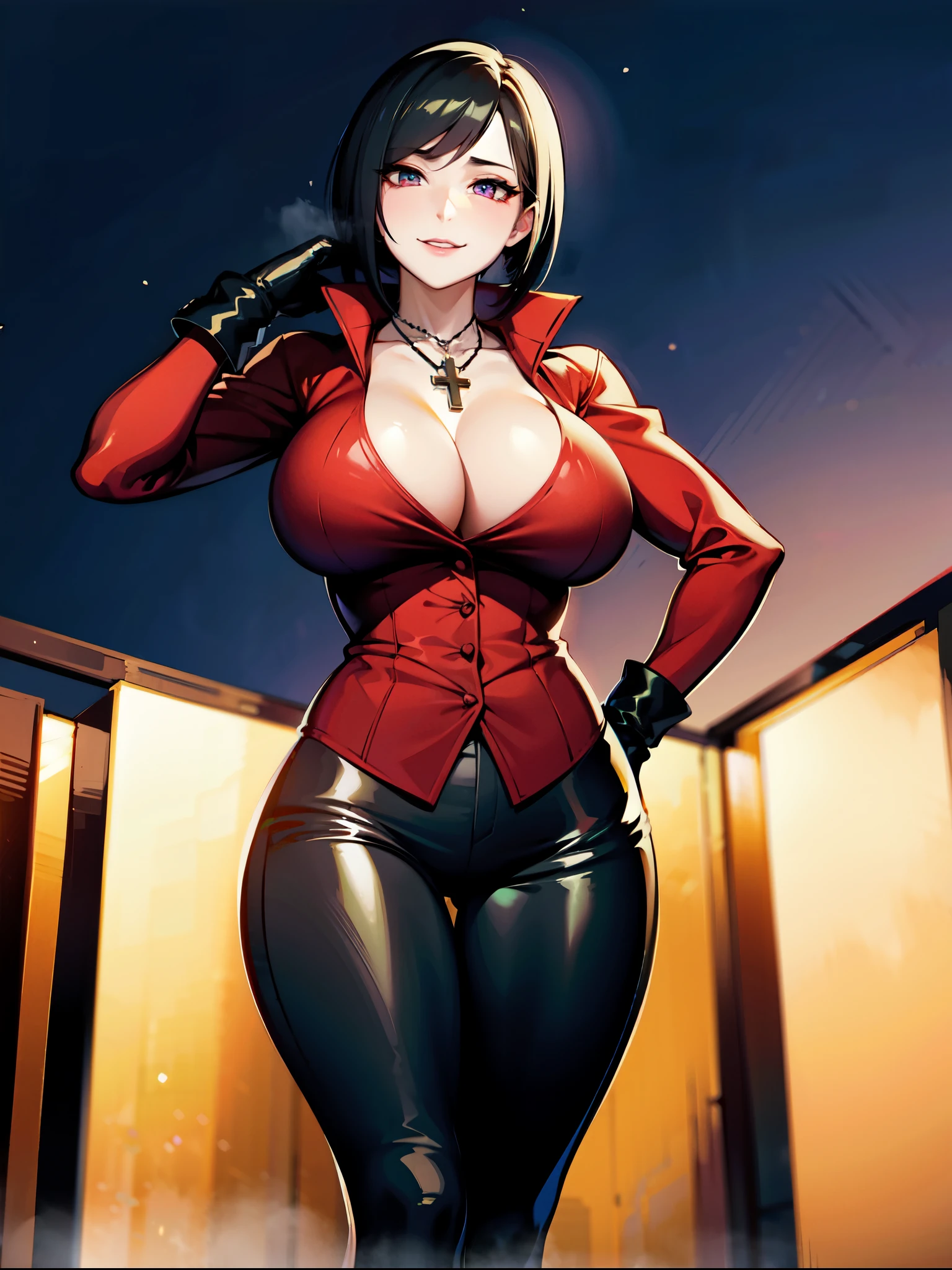 ((super high quality,Ultra-high resolution,4K,8k,super masterpiece,Ultra HD))Night view at night,Looking up from below, ((A sexy mature woman,)),((popped collar Red shirts,(Sleeves folded back to the elbow,(Long black gloves)),Black pants with a glossy finish,Black long boots),Tight collar,)Black hair straight short,Sharp Eyes,Open chest,Cleavage,slouch,Place one hand on hip,Put one hand on your head,Provocative smile,Necklace with a cross,sexy,