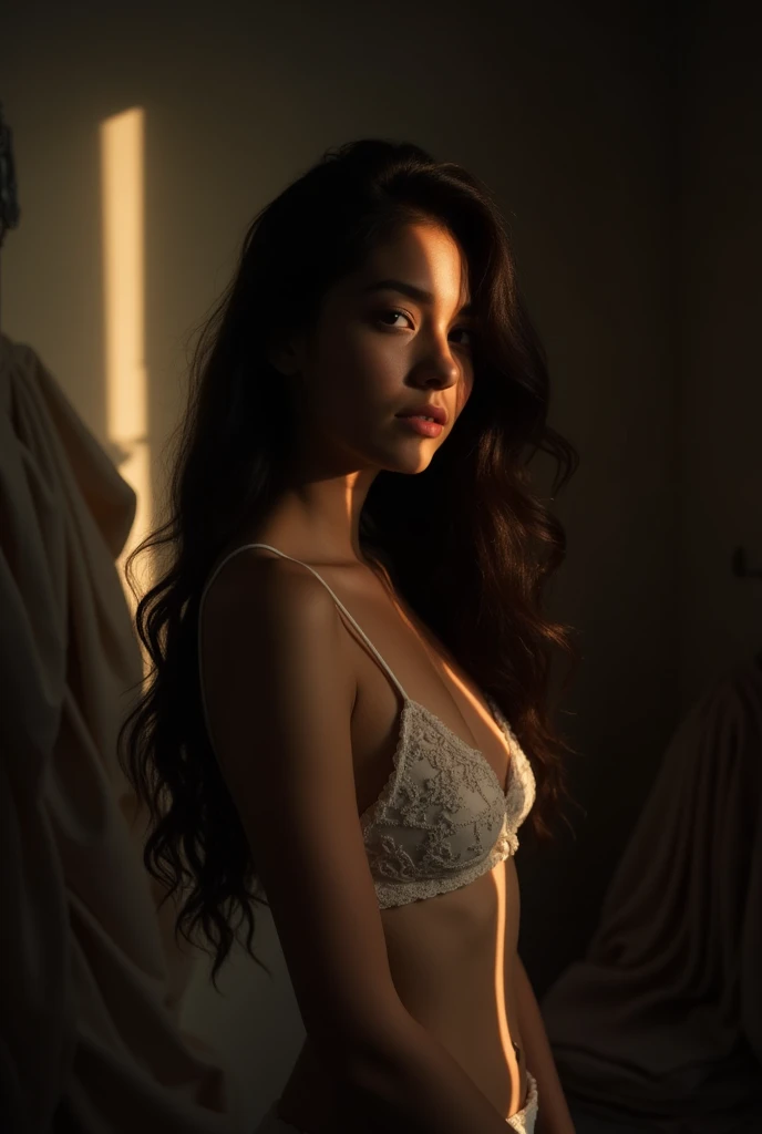 A beautiful girl and her naked photos stand in the dark light room 