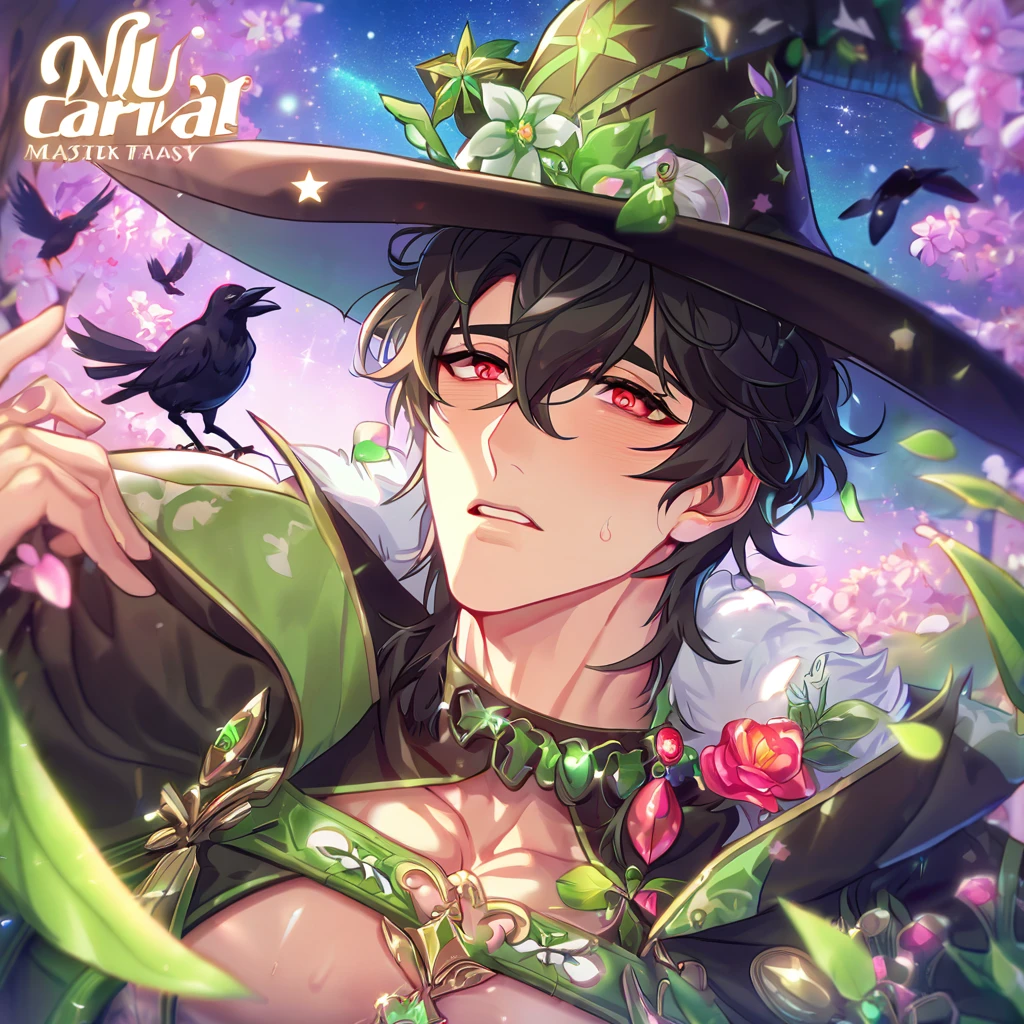 absurdres, highres, ultra detailed, HDR, master piece, best quality, extremely detailed, detailed eyes, Quincy, black hair, messy hair, expressive red eyes, Nu Carnival, solo, sexy man, handsome, horny, lewd, fantasy, accessories, black mage, mage hat, black cape with fur, showing the chest, spring, flowers, green leaves, magical forest, dark fantasy, starry sky, night, crows