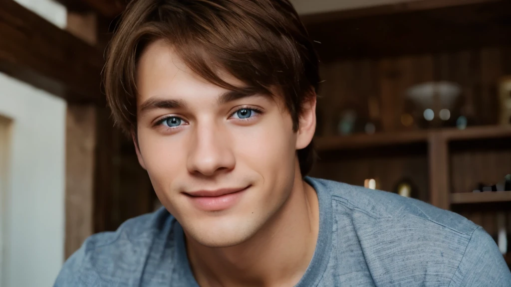 (Better image quality) a young man with blue eyes and brown hair, a radiant smile, very attractive image.
