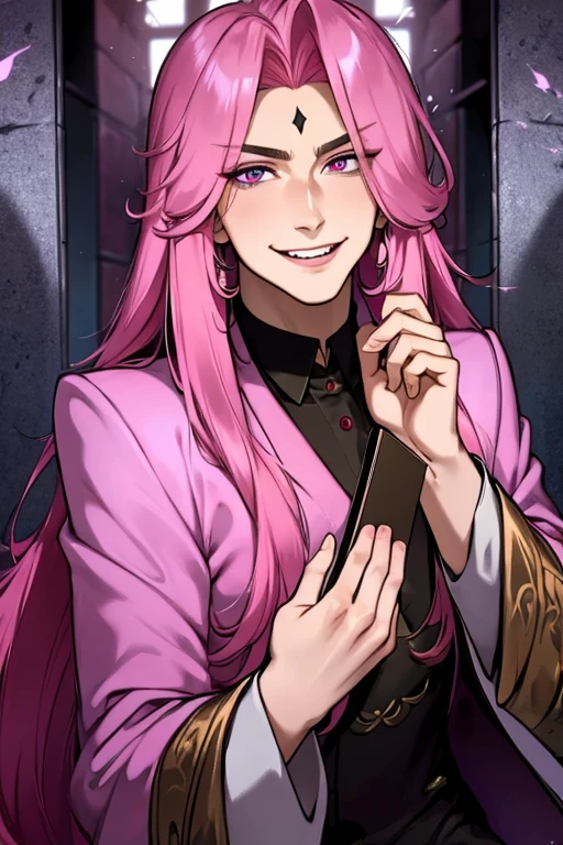 Perfect face. Perfect hands. A pink haired man with violet eyes and long hair is sitting in a mausoleum in a fancy suit with a big smile