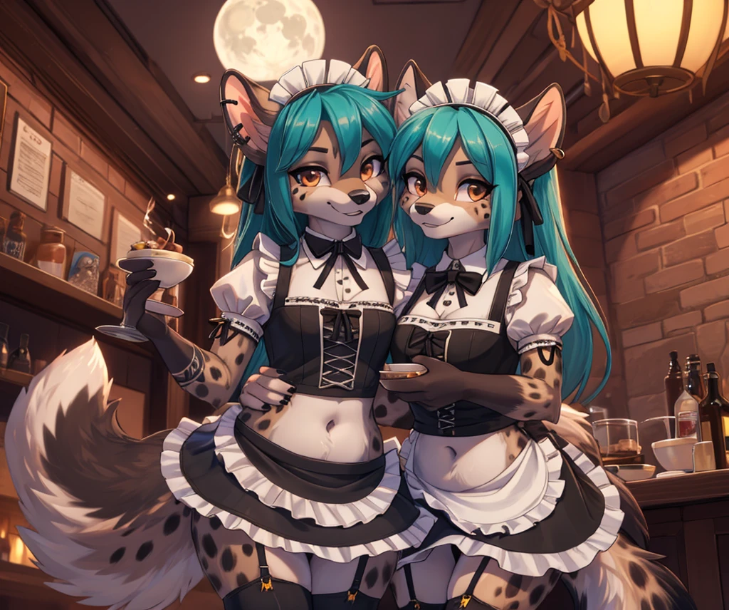 2 girls imagen, firts girl, Miku Hatsune, add high definition_detail:1, blue fur,kitsune ears, tribal tattoo add_detail:1, posing during a full moon showing off her beautiful figure and her outfit. (Maid lingerie, maid mini skirt)sweaty body add_details:1, smiling add_detailsl:1, ear piercing add_detail:1.  Second girl is a female anthro furry hyena girl, black hair, hyena spots, black hands and feet, brown eyes, high definition_detail:1, showing off her beautiful figure and her outfit. (Maid navel blouse, maid mini skirt)sweaty body add_details:1, smiling add_detailsl:1, ear piercing add_detail:1, beautiful and detaileds hands.  Both girls in a coffeshop 