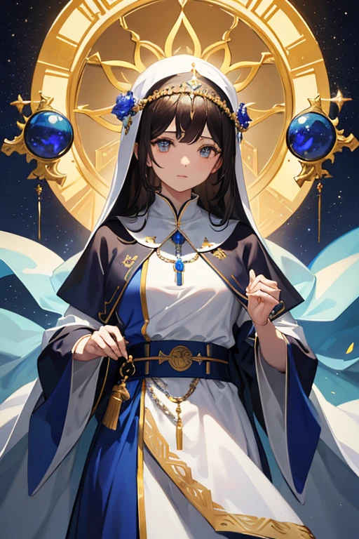 Esther is a 1 with light skin and short light brown hair. She has bangs hanging on both sides, blue "lapis lazuli" eyes. She wears a blue nun's robe. She wears a white nun's habit with a blue trim. She wears a rosary around her neck. and he holds a bible with golden leaves in his belt and he carries a golden pistol.