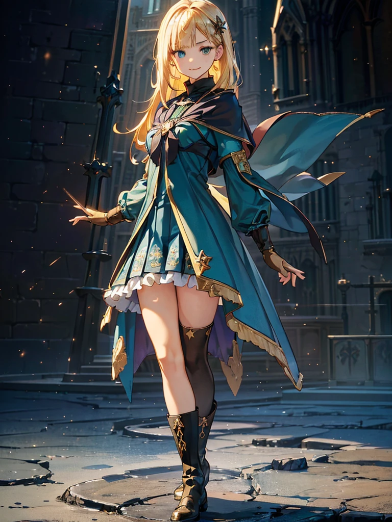 (Official Art、Highest quality、Unity 8k wallpaper、32K、masterpiece、Ultra-detailed、Ultra-high resolution、Realistic、Photorealistic:1.2)、(Cinema Lighting:1.2)、Fire Glow Effect、Film Grain、Best Shadow、Rim Light、Side light、Side Shot、(Highly detailed and intricate 3D rendering)、細部までBeautiful Faceと目、Sharp pupils、Realistic生徒、Slender、1men and women、Medium Bust、(whole body:1.2)、 Highly detailed background、Beautiful Face、Beautiful girl、(Highly detailed skin、Detailed skin texture:1.3)、(Half Blonde、Colorful Hair:1.3)、Blunt bangs、Green Eye Agical Girl Costume、White shirt、Costumes with frills、Frilled Skirt、Knee socks、(Thighs Thighs Thighs Thighs:0.8)、Black boots、(Fantasyで美しい夜空、cathedral:1.4)、(Have a magic wand:1.3)、(From the side:1.3)、Fantasy、Wicked Smile、I opened my mouth a little.